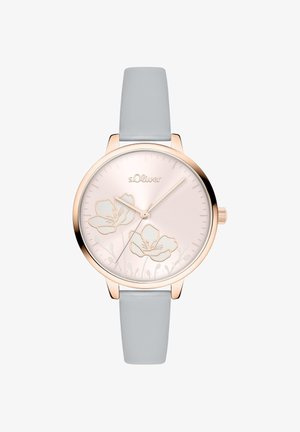 Roségoldene Uhr mit hellem rosa Zifferblatt, floralem Design und grauem Lederarmband. Verfügt über Stundenmarkierungen und minimalistische Zeiger.