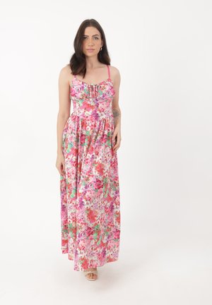 Blumenmaxikleid mit rosa, grünen und orangefarbenen Farbtönen. Verfügt über verstellbare dünne Träger, ein tailliertes Oberteil und einen fließenden, gerafften Rock.