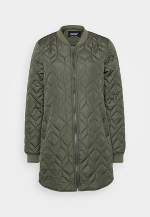 Quilted bomber jacket in olive green, featuring a zip closure, ribbed cuffs, and vertical diamond patterns for texture.