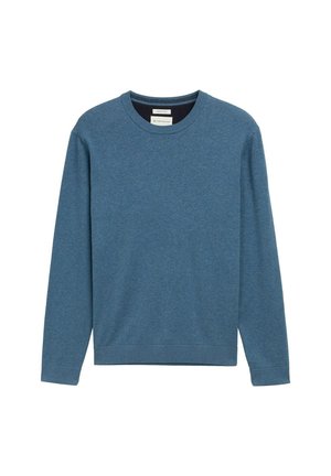 Felpa blu a girocollo realizzata in morbido cotone, con maniche lunghe, polsini e orlo ribattuti, e un piccolo dettaglio del logo sul davanti.