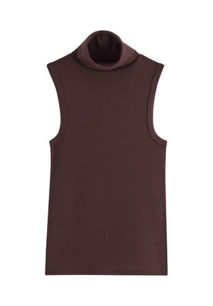 Mustatön t-paita tummanruskeana, jossa on röyhelötekstuuri, korkea kaula, siistit reunat ja tiukka siluetti.