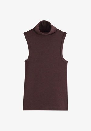 Mustatön t-paita tummanruskeana, jossa on röyhelötekstuuri, korkea kaula, siistit reunat ja tiukka siluetti.