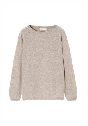 Maglione beige a maniche lunghe con scollo rotondo, dal tessuto morbido e peloso, progettato per una vestibilità rilassata.