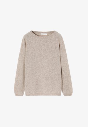 Beige long-sleeve crewneck sweater with a soft, fuzzy texture, designed for a relaxed fit.