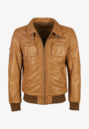 Brun læder bomberjakke med lynlås foran, to brystlommer og ribbet kant ved hætten og ærmerne. Glat tekstur med en let shiny finish.