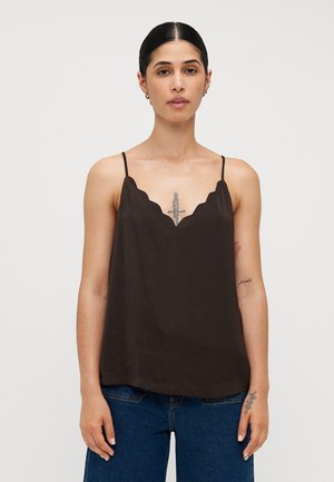 Dark brown sleeveless top with a scalloped neckline, made from soft fabric, featuring thin straps and a loose fit.