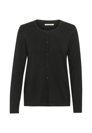 Cardigan noir à manches longues, col rond et fermeture à boutons sur le devant. Fabriqué en matériau doux et léger avec une texture lisse.