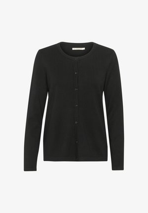 Črn kardigan z dolgimi rokavi, okroglim ovratnikom in gumbom za zapiranje spredaj. Narejen iz mehke, lahke tkanine z gladko teksturo.