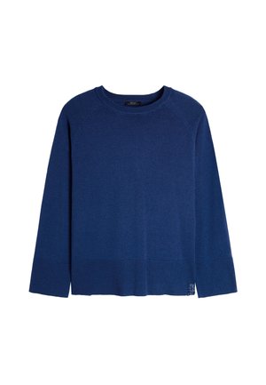 Niebieski sweter z okrągłym dekoltem, rękawami raglanowymi i szwami bocznymi u dołu. Miękka faktura i minimalna marka.