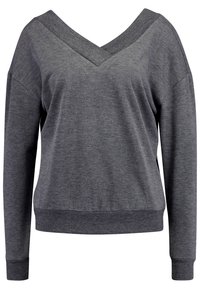 Suéter de manga larga gris oscuro con escote en V. Tejido suave y texturizado con un corte relajado y puños y dobladillo acanalados.