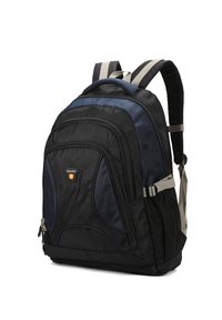 Zaino nero con accenti blu, realizzato in tessuto testurizzato. Presenta spallacci imbottiti, molteplici scomparti con zip e un'etichetta con logo.