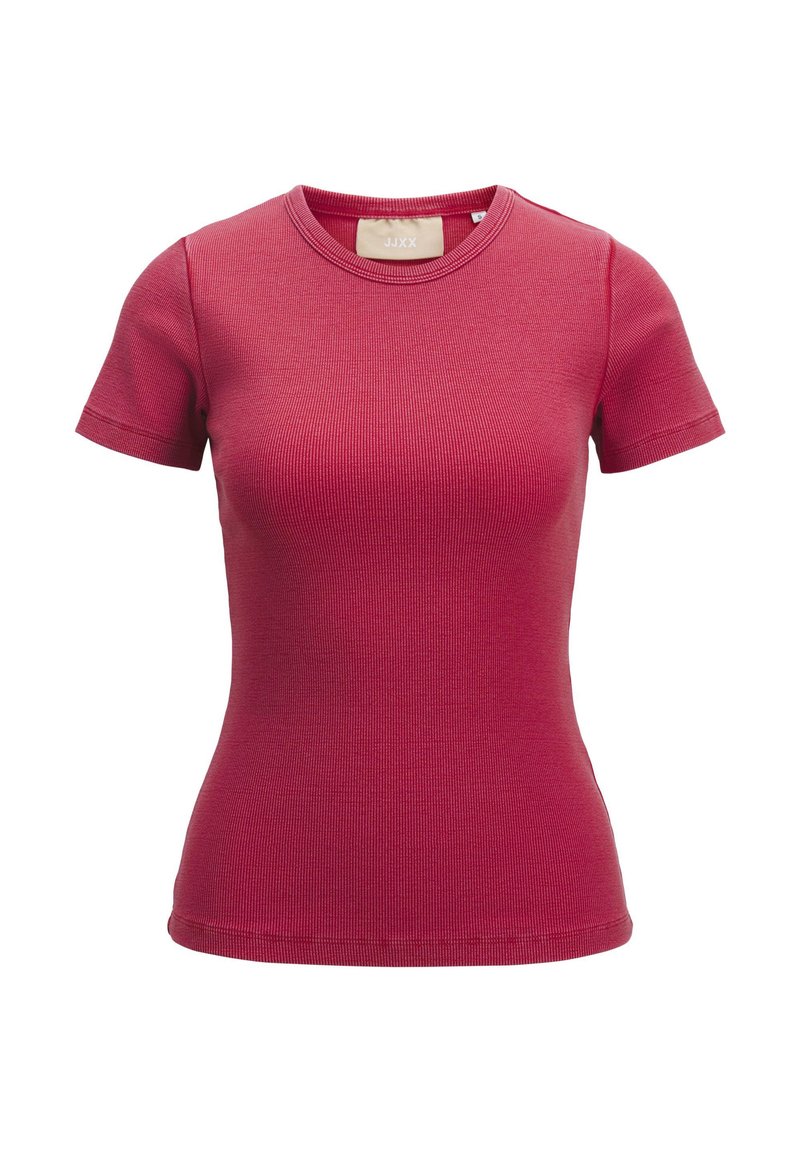 Tricou scurt cu mâneci scurte din material texturat, de culoare roșie vibrantă, cu guler rotund, având o textură fină și cusături minime.