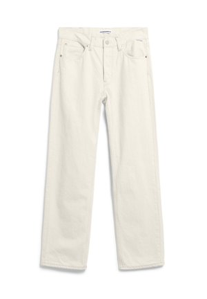 Weiße Jeans mit geradem Beinschnitt, ausgestattet mit einem normalen Bund, fünf Taschen und minimalistischen Nähdetails.