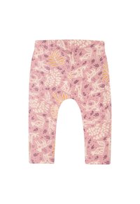 Roze katoenen leggings met een wildlife-print met verschillende dieren en planten in wit, paars en geel, taps toelopend bij de enkel.