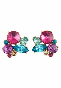 Goldfarbene Ohrringe mit mehreren bunten, facettierten Edelsteinen, darunter Rosa, Lila, Türkis und Blau, die in einem blumenartigen Design angeordnet sind.