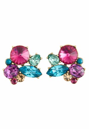 Goldfarbene Ohrringe mit mehreren bunten, facettierten Edelsteinen, darunter Rosa, Lila, Türkis und Blau, die in einem blumenartigen Design angeordnet sind.