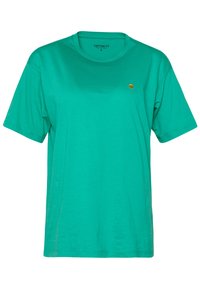T-shirt en coton turquoise à manches courtes, col rond, avec un petit logo orange sur la poitrine gauche. Texture lisse, coupe décontractée.