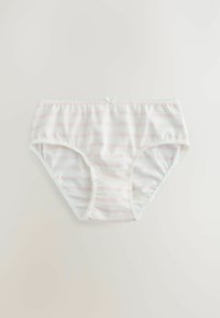 Katoenen hipsterondergoed in het wit met roze strepen, voorzien van een decoratieve lichtblauwe strik en kantafwerking rond de tailleband en beenopeningen.