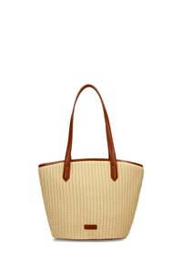 Beige geflochtene Tragetasche mit braunen Ledergriffen und -besätzen, deren Form strukturiert und Oberfläche texturiert ist. Dezenter Logoakzent an der Basis.