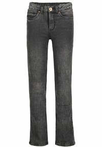 Czarne dżinsy o prostym kroju z wyblakłą fakturą, pięcioma kieszeniami i zapięciem na guzik w talii. Subtelny detal w postaci przeszył.