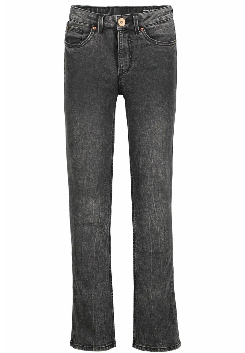 Czarne dżinsy o prostym kroju z wyblakłą fakturą, pięcioma kieszeniami i zapięciem na guzik w talii. Subtelny detal w postaci przeszył.