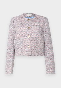 Veste courte en tissu tissé multicolore avec un motif texturé. Dotée d'un col rond et de boutons dorés.