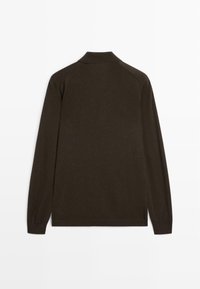 Long-sleeve, brown pullover made of soft knit fabric. Features a classic collar and ribbed cuffs. Simple, solid color with no patterns.