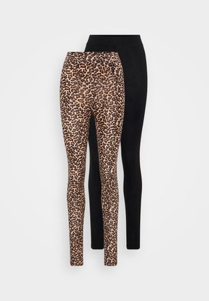 Kaks paari leggings'e: üks musta ühtlast värvi, teine beeži taustaga musta leopardimustriga.