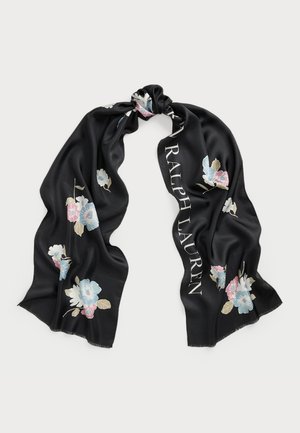 Black silk scarf with floral patterns in blue, pink, and beige, featuring "RALPH LAUREN" printed in white along one edge. Soft, smooth texture.