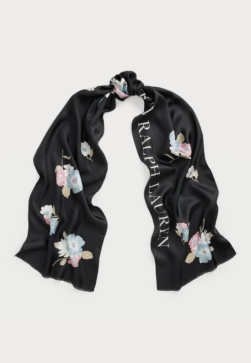 Melna zīda šalle ar ziedu rakstiem z blue, rozā un bēšā krāsā, ar "RALPH LAUREN" balti drukātu gar malu. Mīksta, gluda tekstūra.