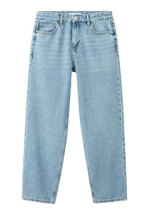 Jeans di denim azzurro chiaro con gamba dritta, tasche frontali e posteriori, passanti per cintura e chiusura con bottone.