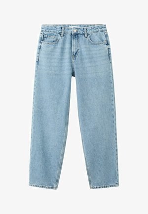 Jean en denim bleu clair à jambes droites avec poches avant et arrière, passants pour ceinture et fermeture par bouton.
