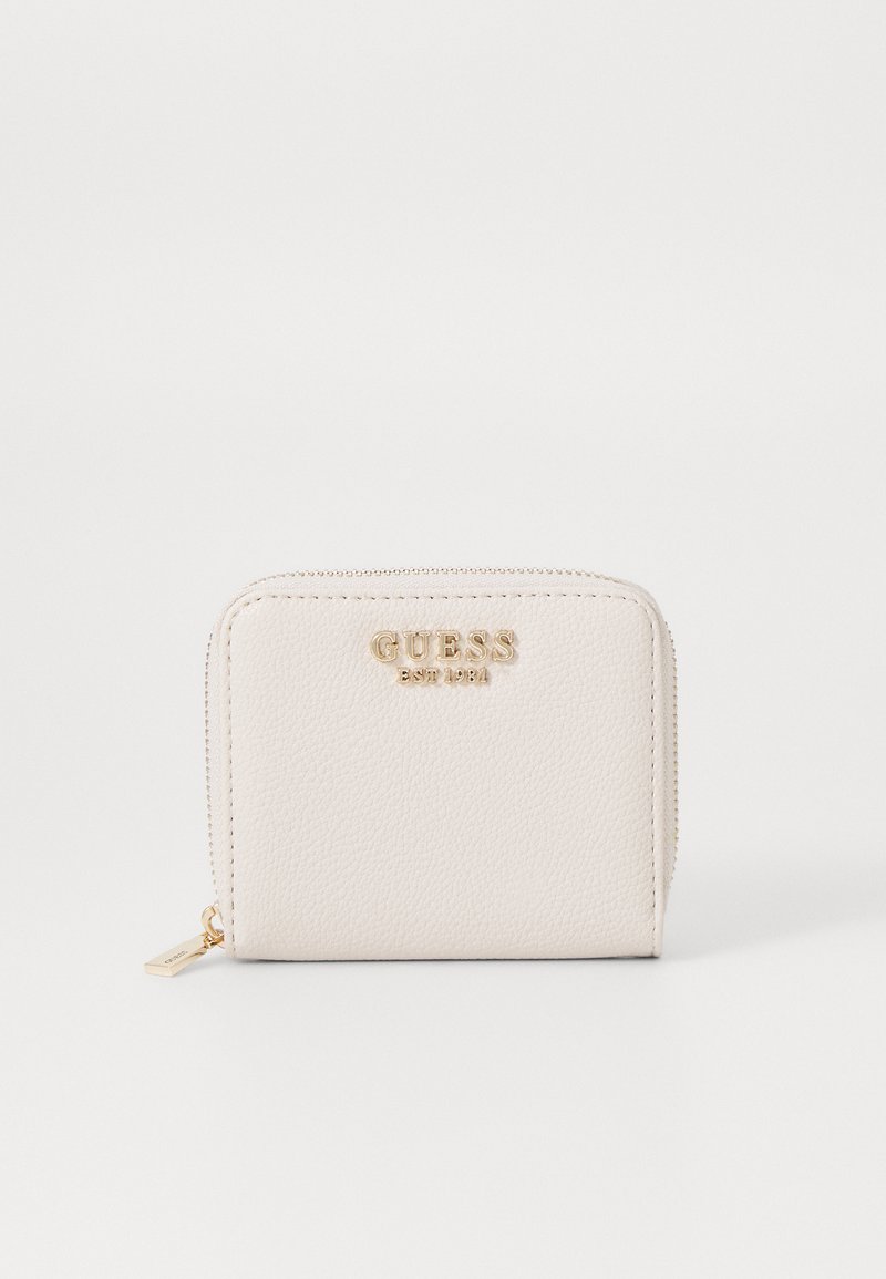 Cream-colored leather wallet with gold logo, zipper closure, and textured surface, featuring a rectangular shape and minimalistic design.