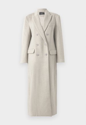 Langer beiger, doppelt-knöpfiger Wollmantel mit Reverskragen, sechs Knöpfen, zwei aufgesetzten Taschen und einer Brusttasche, vollständig gefüttert.