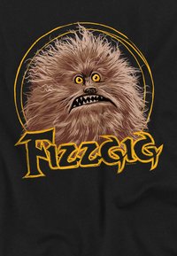 Brown furry creature with sharp teeth and yellow eyes on a black background, accompanied by the text "Fizzgig" in yellow graphic font.