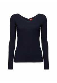 Laivastonsininen pitkähihaisa paita V-pääntiellä, ribbikuvioinnilla, istuvalla leikkuulla ja yhdellä värillä. Ominaisuuksiin kuuluu minimaaliset ompeleet ja ei lisäkoristuksia.