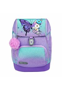 Lila Ombre-Rucksack mit Schmetterlings- und Blumendesigns, ausgestattet mit einem weichen, pinken Pompon, Reißverschlussfächern und verstellbaren Trägern.
