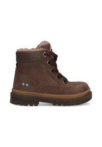 Bruine leren enkelboot met nepbont voering, ronde neus, bruine veters en teal accent stippen. Robuuste zool voor grip.