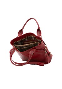 Rode leren tas met een gestructureerde vorm, voorzien van twee handvatten, een ritsvak aan de binnenkant en een geruite voering. Zilveren hardwareaccenten zichtbaar.