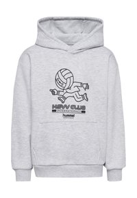 Grauer Kapuzenpullover mit einer Kängurutasche, ausgestattet mit einem schwarzen Cartoon-Charakter, der einen Volleyball tritt, und darunter aufgedrucktem Text.
