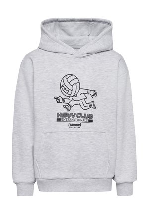 Grå huvtröja med känguruficka, prydd med en svart tecknad karaktär som sparkar en volleyboll och med märkestext nedan.
