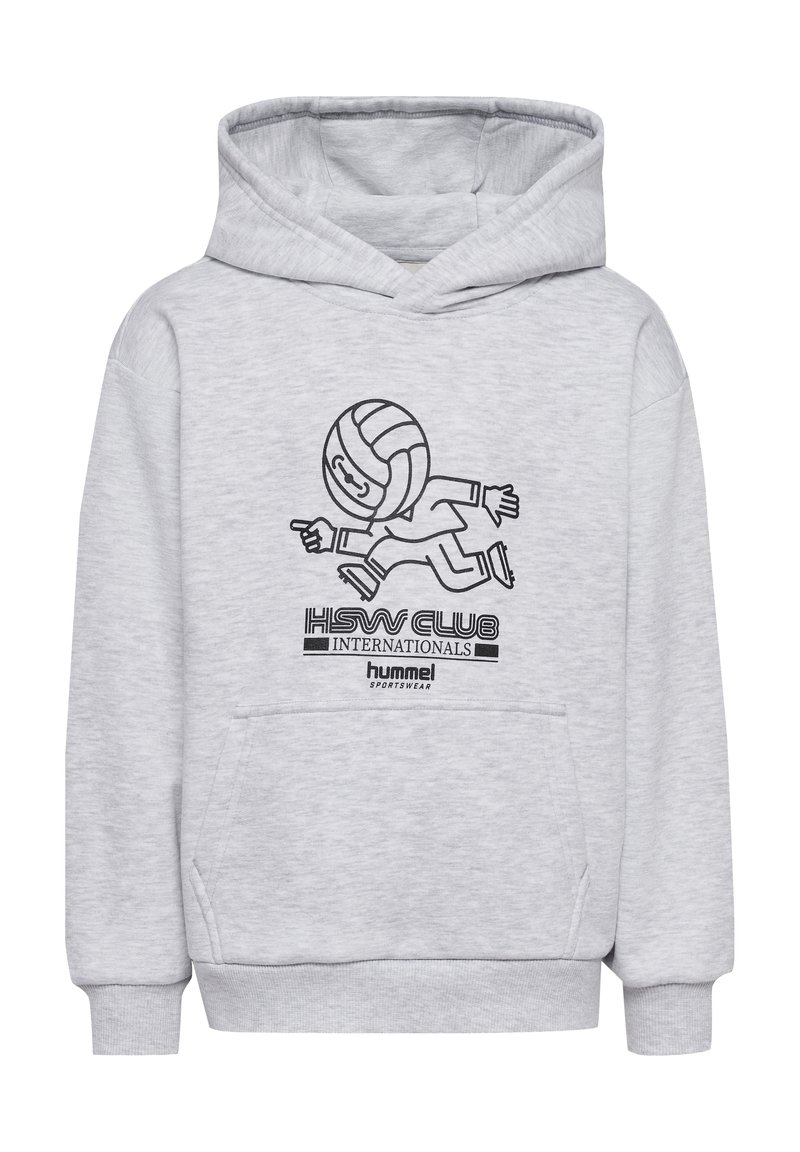 Grauer Kapuzenpullover mit einer Kängurutasche, ausgestattet mit einem schwarzen Cartoon-Charakter, der einen Volleyball tritt, und darunter aufgedrucktem Text.