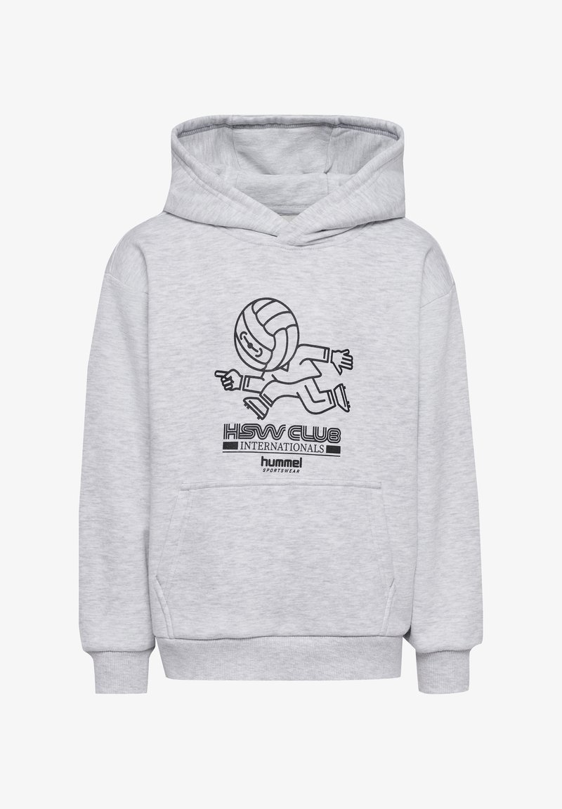 Grauer Kapuzenpullover mit einer Kängurutasche, ausgestattet mit einem schwarzen Cartoon-Charakter, der einen Volleyball tritt, und darunter aufgedrucktem Text.
