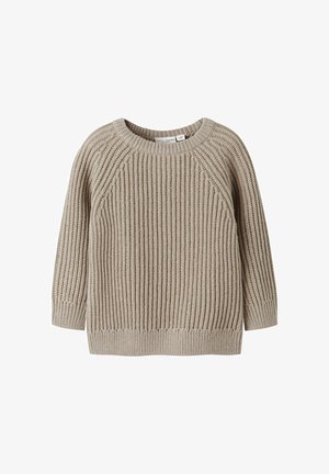 Beige gebreide trui met een geribbelde textuur, ronde halslijn en raglanmouwen. Kenmerkt zich door een losse pasvorm en subtiele stikdetails.