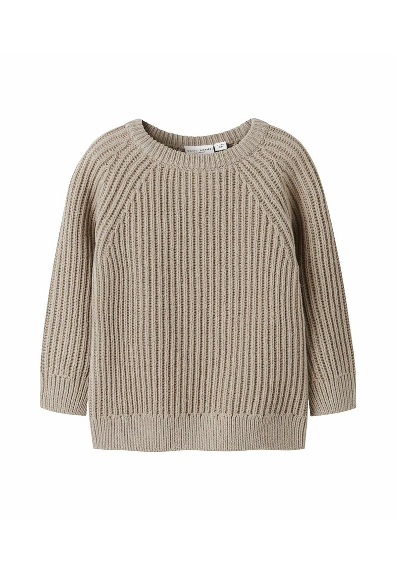 Maglione beige lavorato a maglia con texture a coste, scollatura rotonda e maniche raglan. Presenta una vestibilità comoda e dettagli di cucitura sottili.