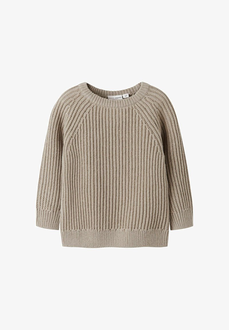 Beige strikket genser med ribbestruktur, rund halsutskjæring og raglanermer. Har en avslappet passform og subtile søm-detaljer.