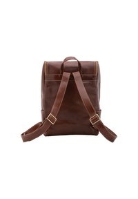 Zaino in pelle marrone con spallacci regolabili, manico superiore, chiusura con cerniera e dettagli cuciti. Texture liscia con design minimalista.