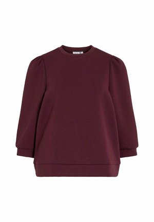 Haut à manches longues bordeaux en tissu doux. Présente un col rond et des manches bouffantes. Texture lisse et coupe décontractée avec un ourlet.