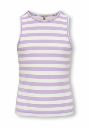 Sleeveless ribbed tank top with horizontal lavender and white stripes and a round neckline.