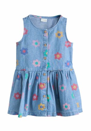 Ärmelloses blaues Jeanskleid für Kleinkinder mit vorderen Holzknöpfen und großem, mehrfarbigem Blumenmuster in Pink, Gelb, Grün, Rot und Lila.
